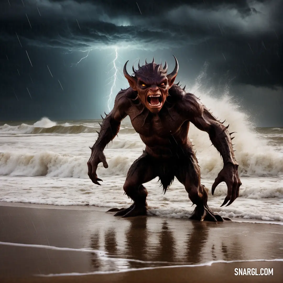 Imp with horns and claws on a beach with a storm in the background
