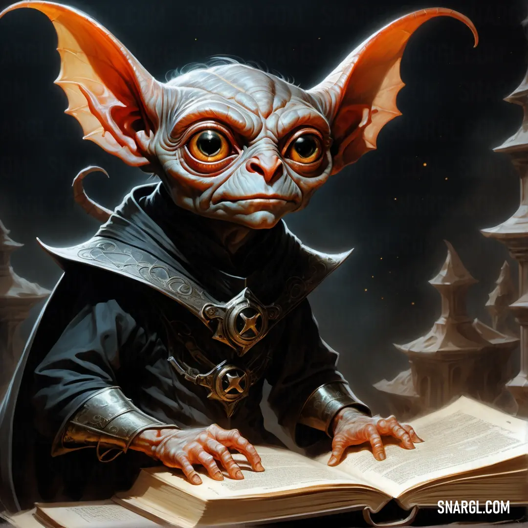 Painting of a Imp with a book in its hands and a demon like head on it's face