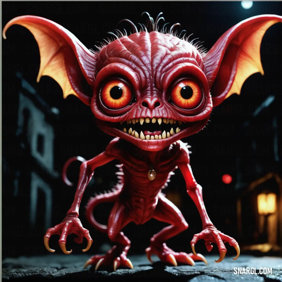 Red Imp with big eyes and a big smile on its face is standing on a rock in the dark