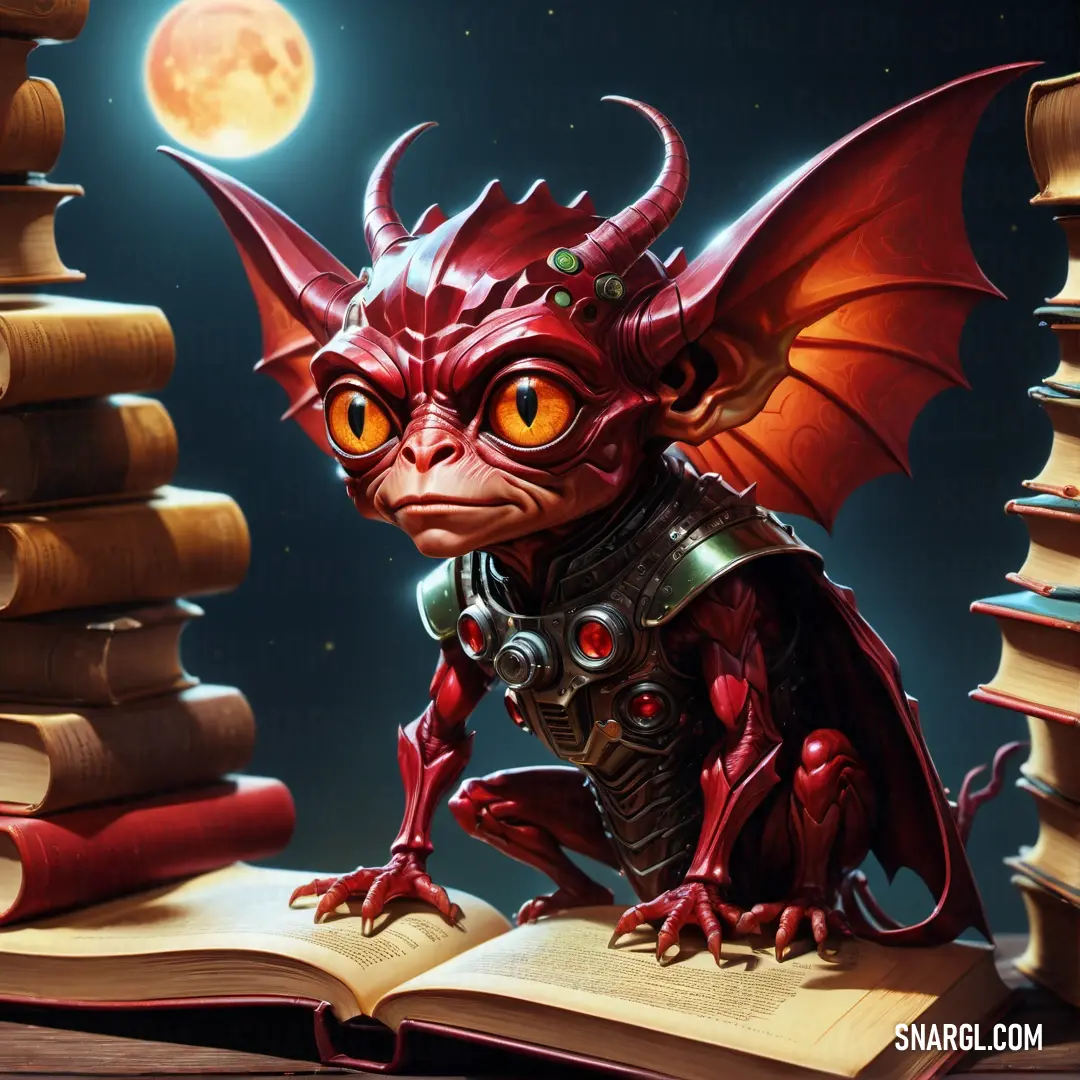 Red Imp on top of a book next to a pile of books on a table with a full moon in the background