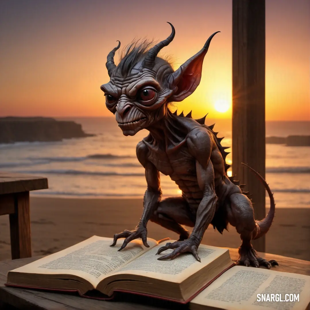 Statue of a Imp on top of a book on a table near the ocean at sunset