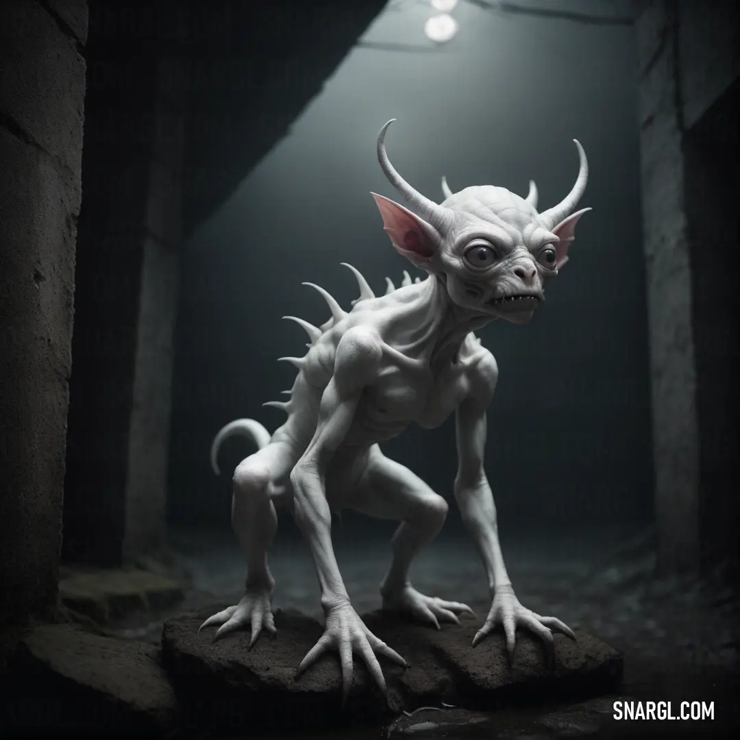 White Imp with horns and big eyes standing on a rock in a dark room with a light shining on it