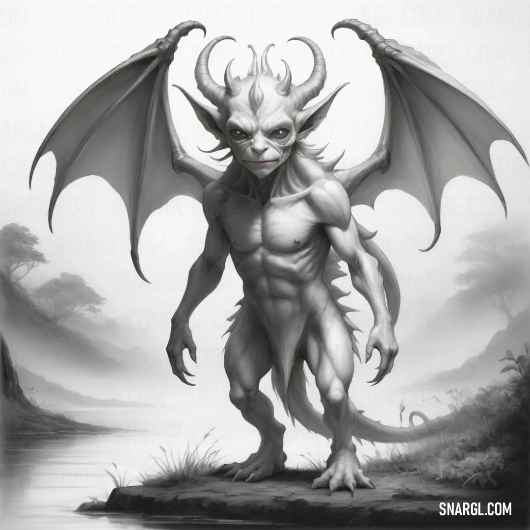 White Imp standing on a rock near a body of water with a large
