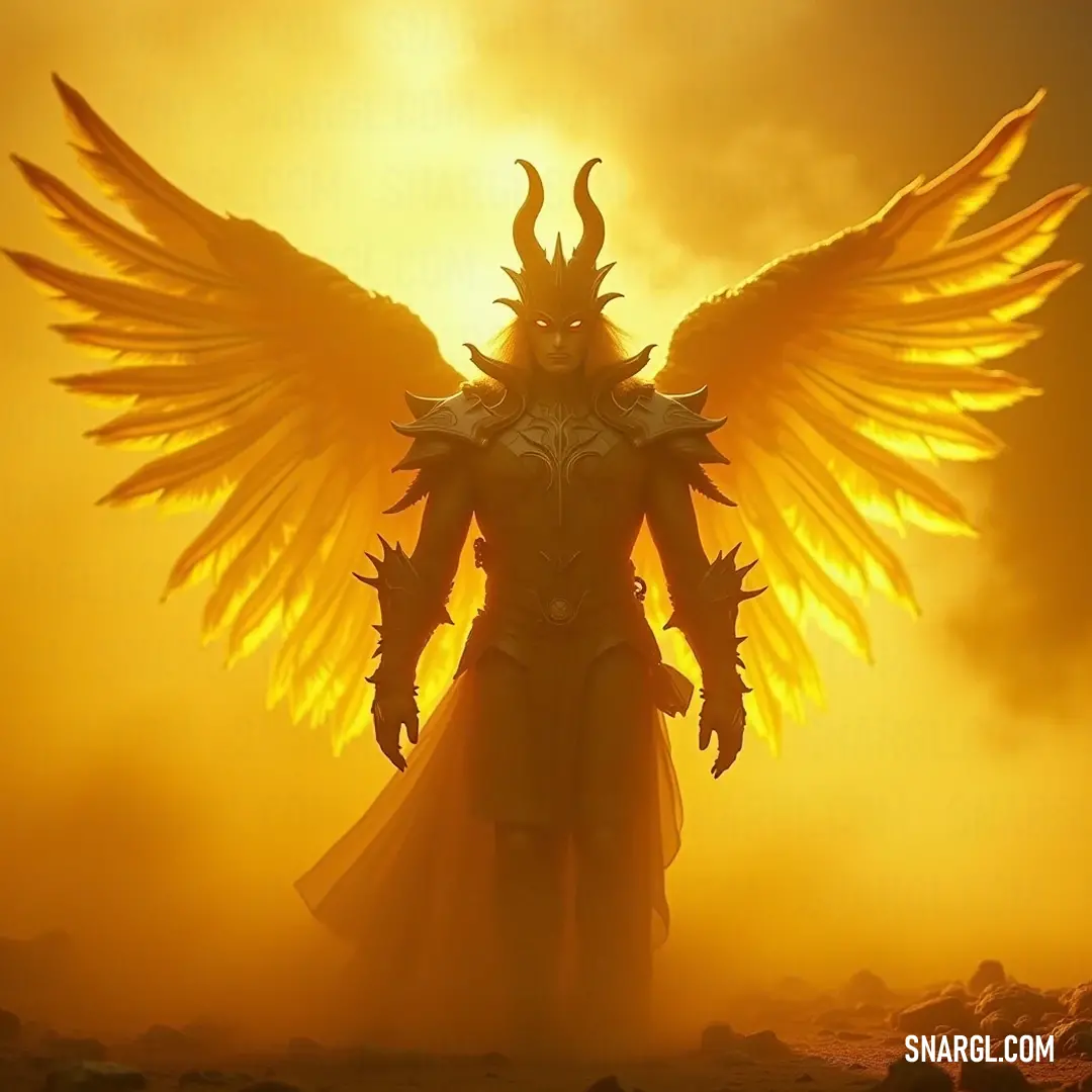 Imperius stands stoically in a barren landscape, his expansive wings unfurled against an ominous sky, symbolizing the juxtaposition of angelic beauty and the starkness of the terrain. Imperius, with magnificent wings spread wide, stands in a gritty field under a dramatic yellow sky, blending grace with strength, embodying the essence of celestial might amid earthly despair.