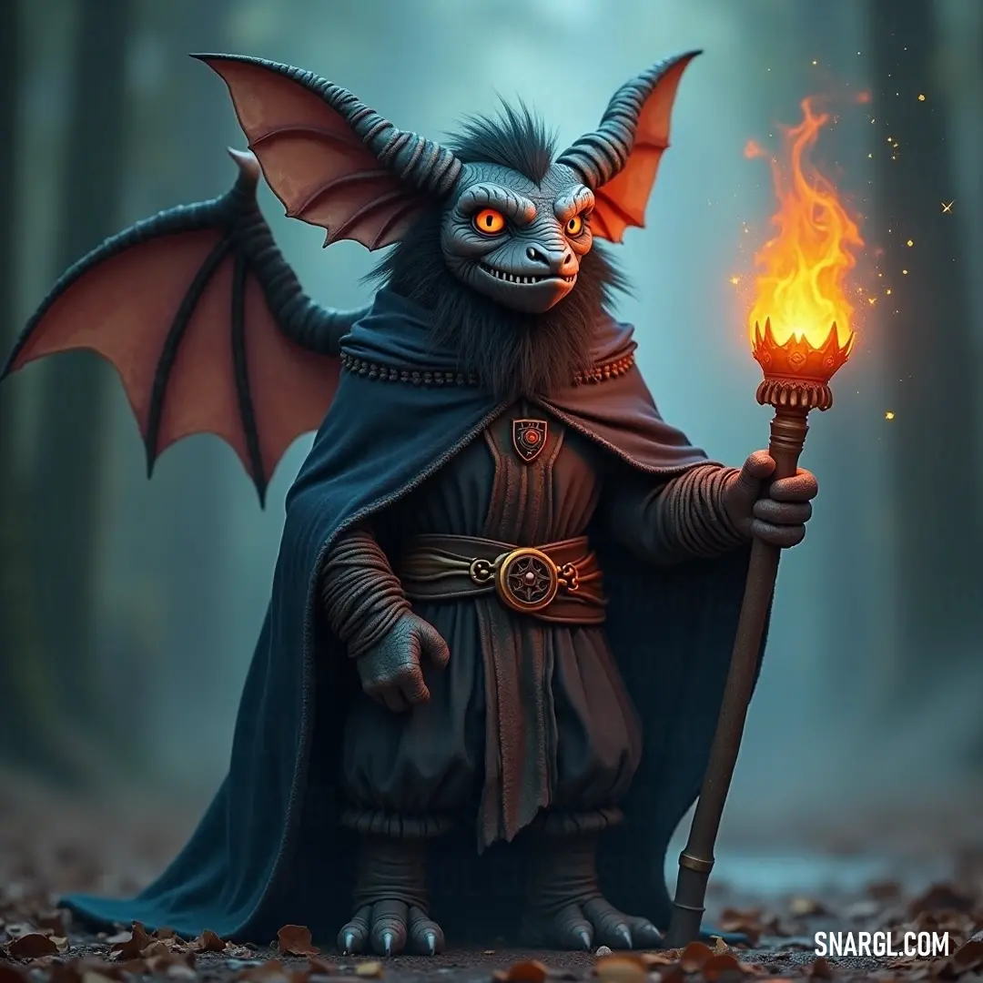 A playful wizard illuminates the forest floor with a fiery stick, a demon-like figure hiding in the shadows, inviting a sense of adventure and intrigue. An impish wizard with a mischievous grin holds a flickering fire stick, surrounded by a carpet of autumn leaves, while a shadowy creature lurks nearby, adding an exhilarating sense of adventure to the scene.