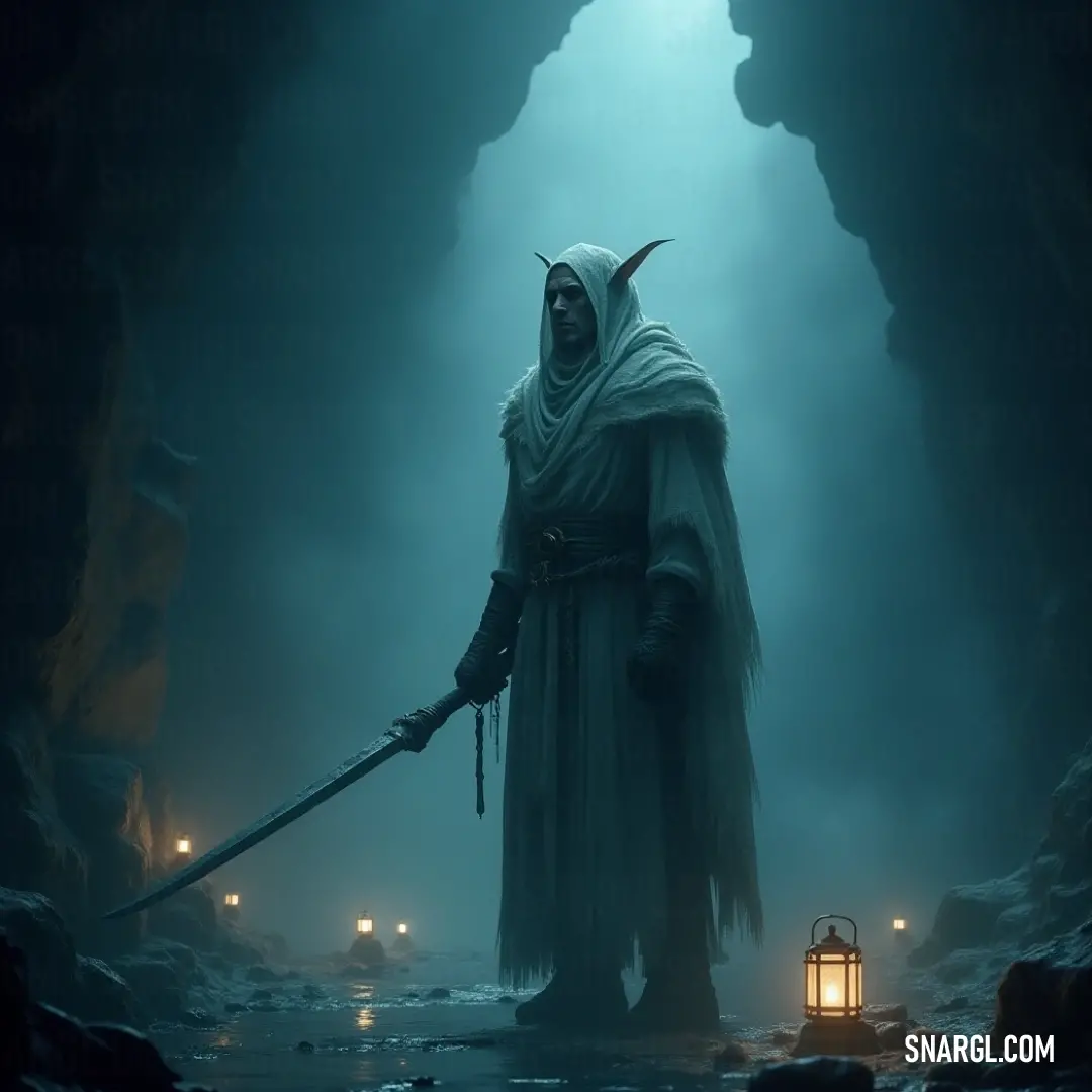A mysterious figure clad in a hooded robe stands ready with a sword in a dim cave, illuminated by a flickering lantern, evoking an air of suspense and intrigue in the shadows.