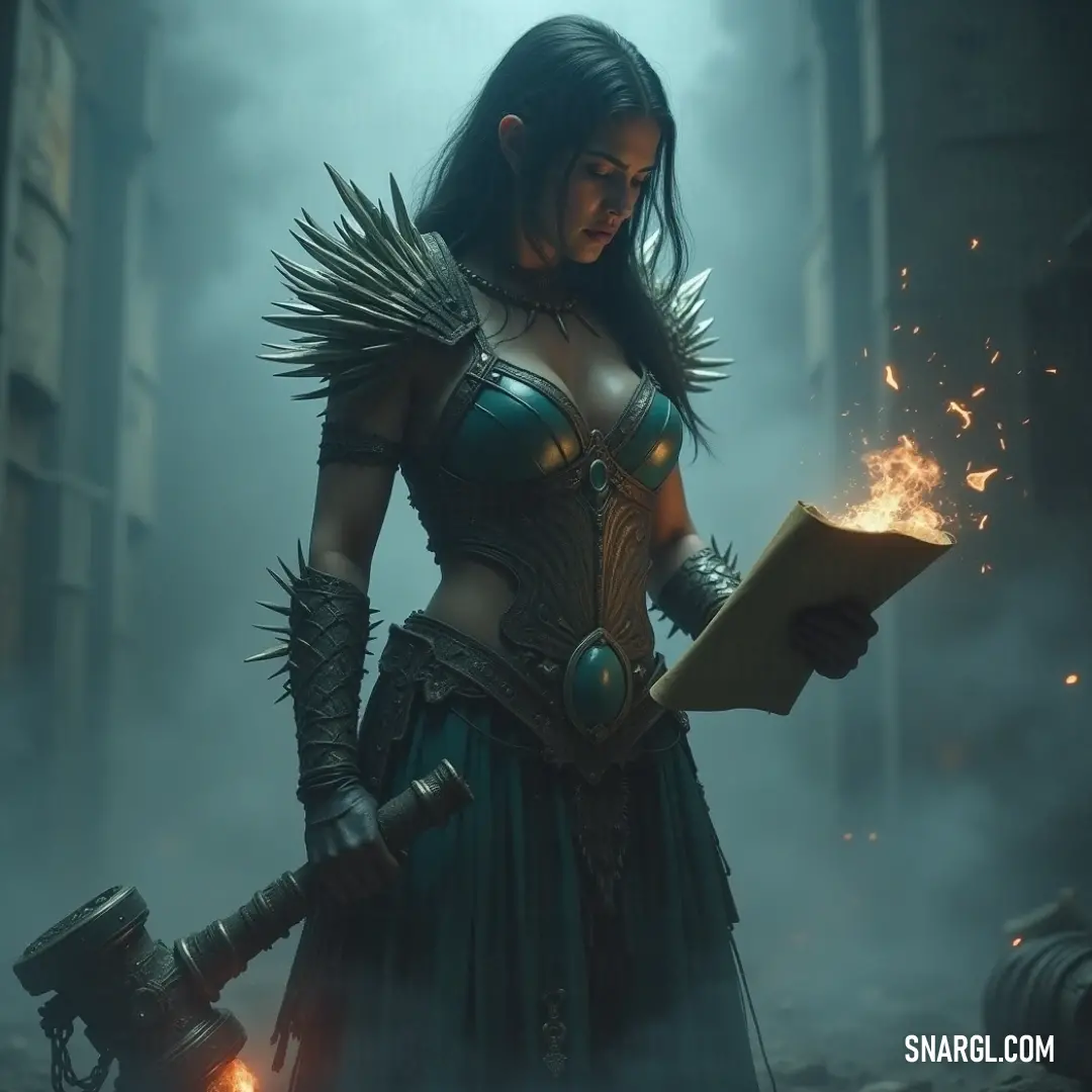 A mysterious figure wielding a book and a hammer, surrounded by flames, standing tall in a smoky, dark city. A figure draped in a mysterious costume, clutching a thick book in one hand and a hammer in the other, standing in a dark, smoky cityscape where flames erupt from her chest, illuminating the surrounding shadows.