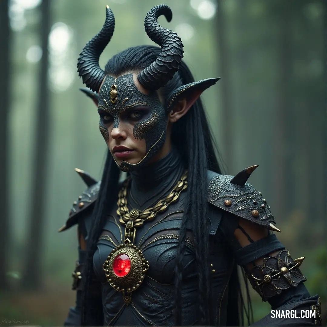 In a dark forest, a figure with horns and glowing red eyes stands among the trees, her presence commanding the night with an aura of magic and untold power. A mystical figure adorned with horns and a unique costume stands in a dense, dark forest, her red eyes glowing faintly as she surveys the surroundings with an aura of mystery and power.