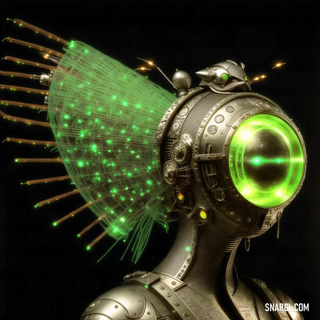 Inchworm color. Futuristic looking robot with green lights on its head and a green light on its forehead