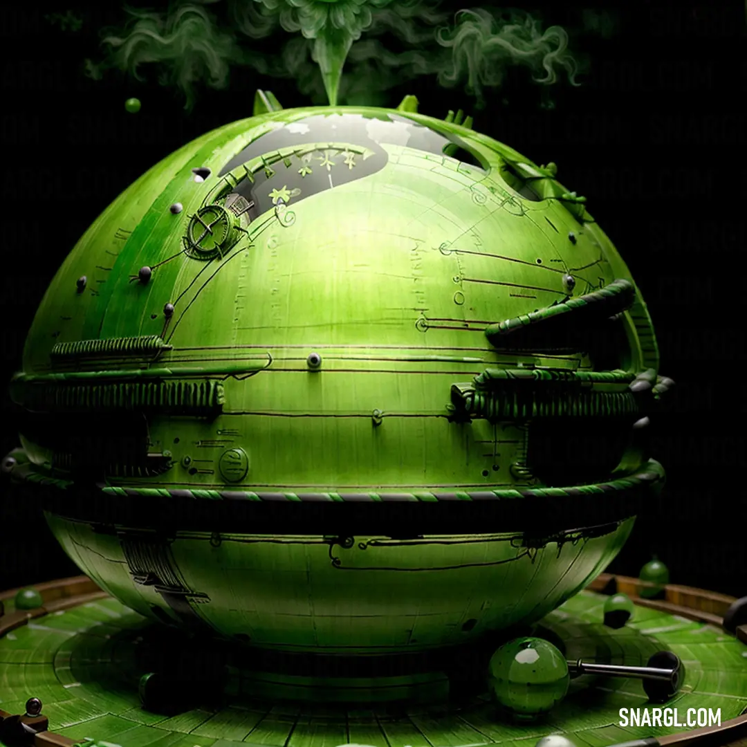 Green globe with steam coming out of it and a clock on top of it with a black background