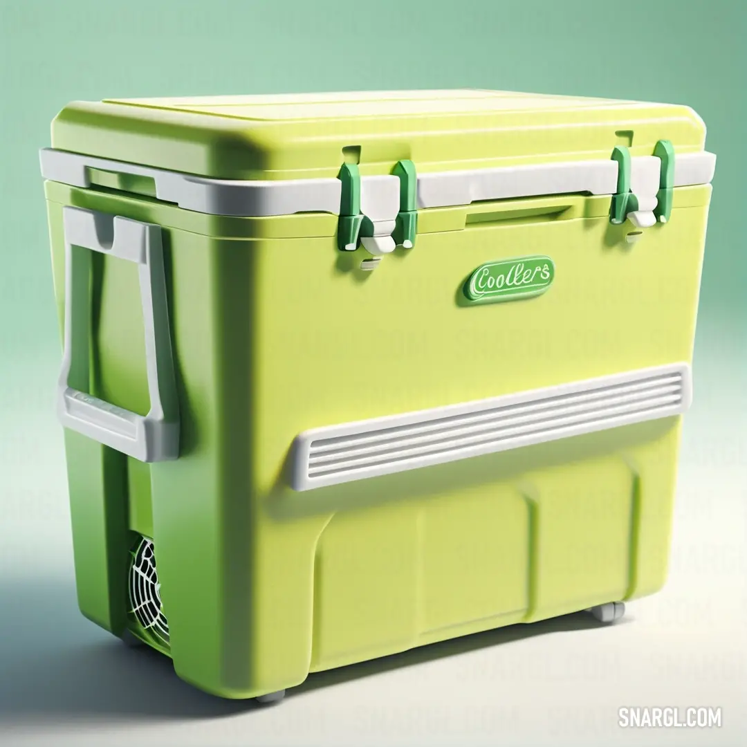 Inchworm color. Green cooler with two handles and a white handle on it's side and a green background
