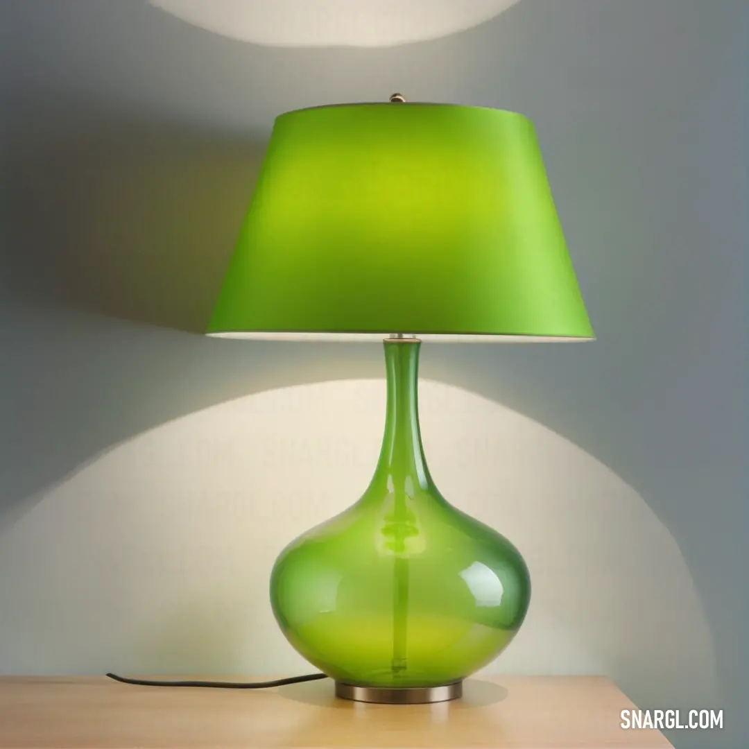 Green lamp on a table with a white wall behind it and a white wall behind it. Color RGB 178,236,93.