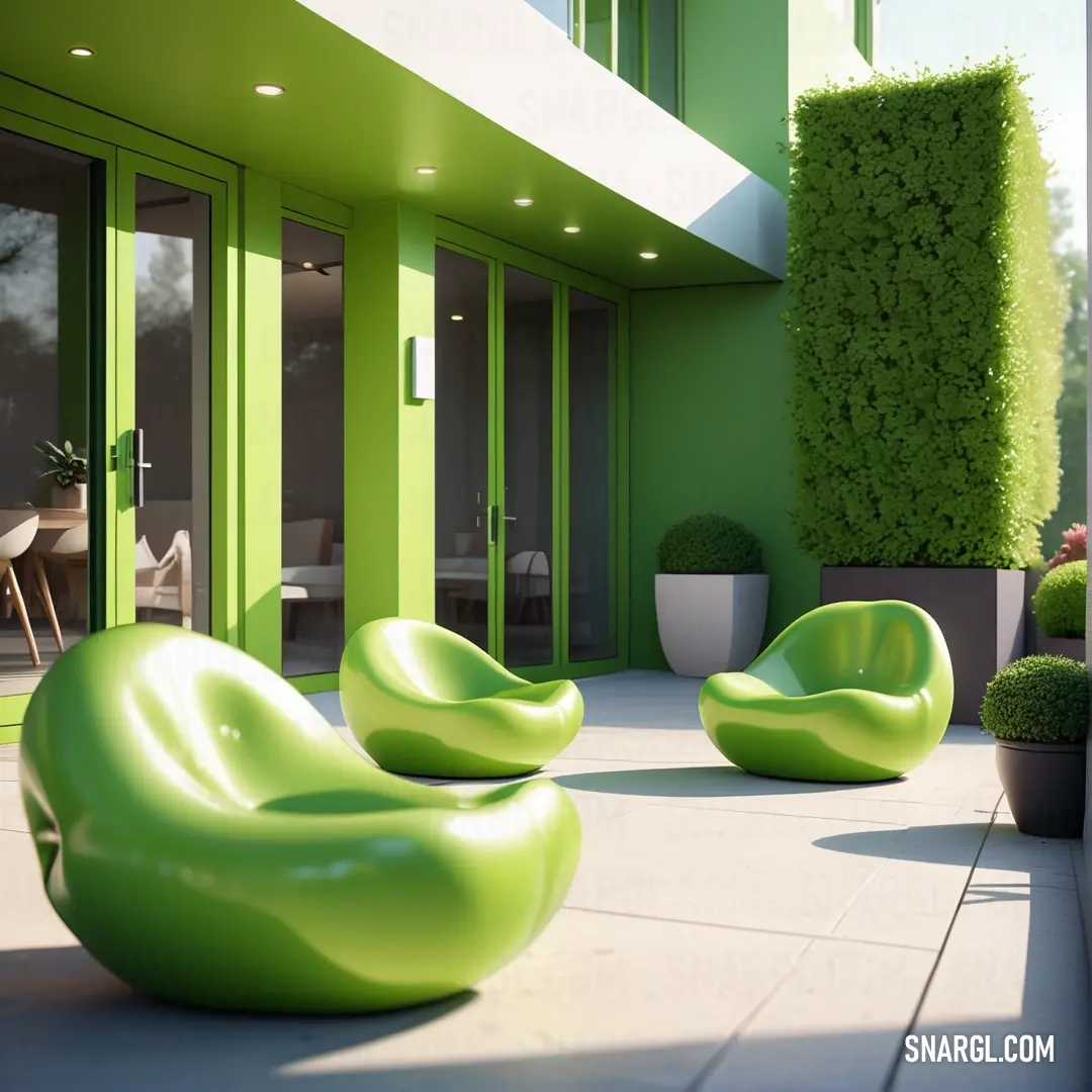 Green room with a lot of green chairs on the floor and a planter in the corner of the room. Color RGB 178,236,93.