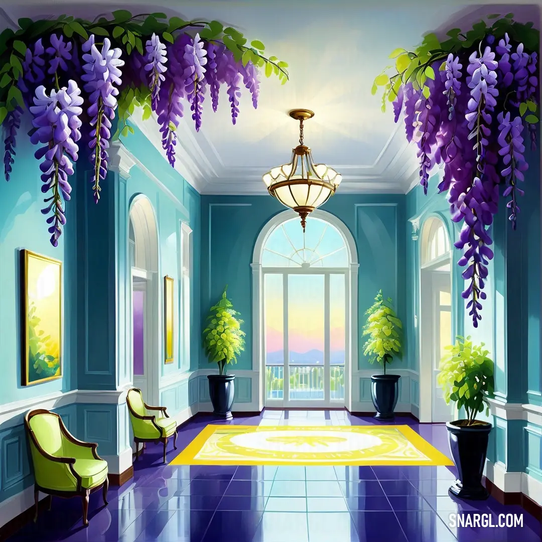 Inchworm color. Painting of a hallway with a chandelier and a purple carpet and a green chair and a yellow rug