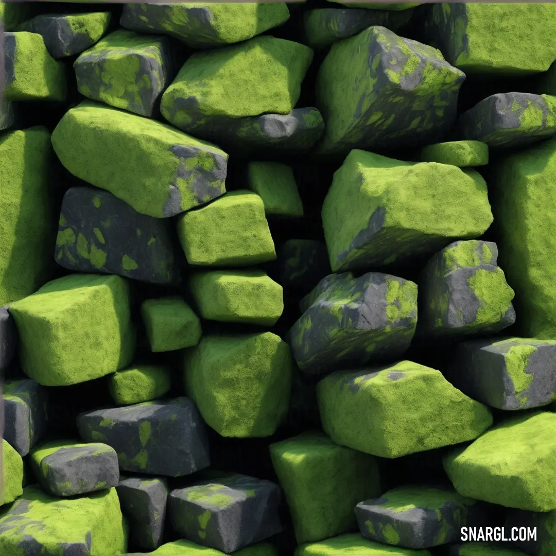 Pile of green rocks with a black border around them and a white border around them. Example of #B2EC5D color.