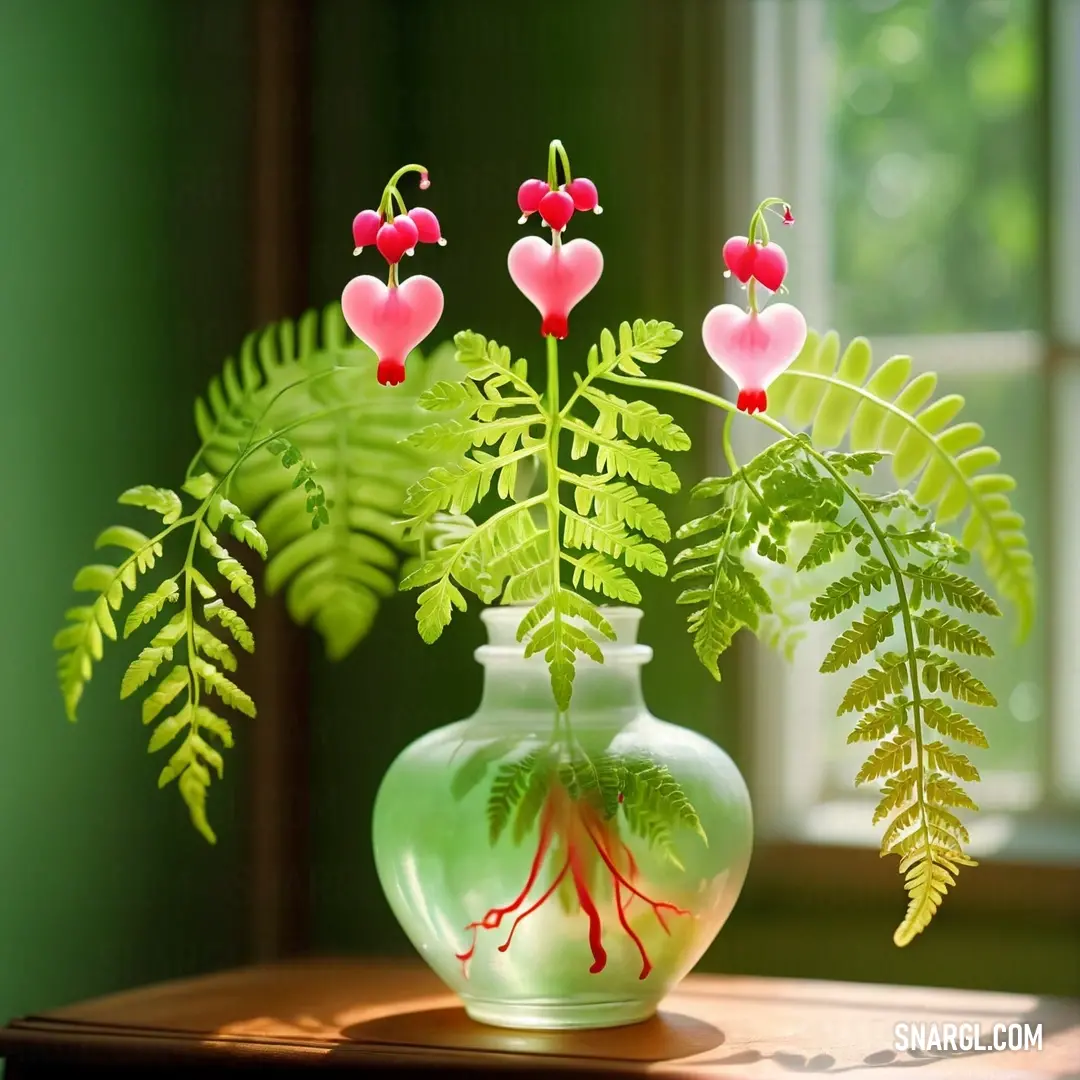 Vase with a plant and hearts on it on a table next to a window with a green wall. Color Inchworm.