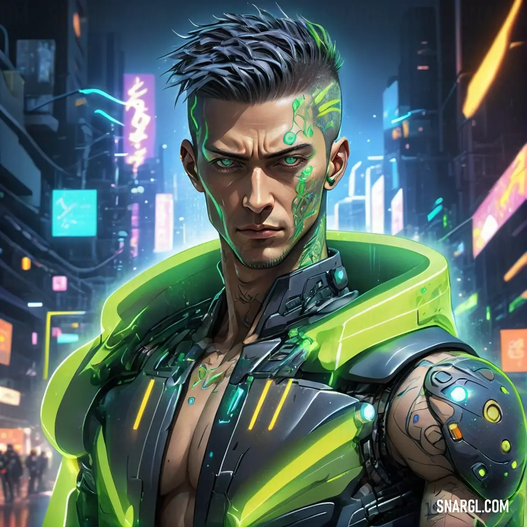 Inchworm color example: Man in a neon green outfit holding a gun in a city at night with neon lights on his face