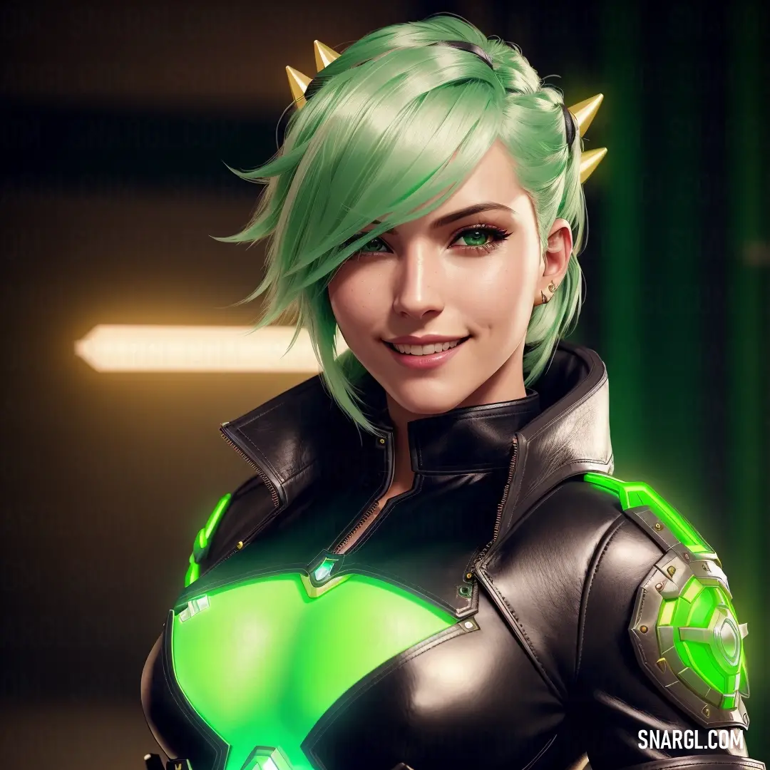 Woman with green hair and spiked ears wearing a black outfit and green hair and green eyes and a green
