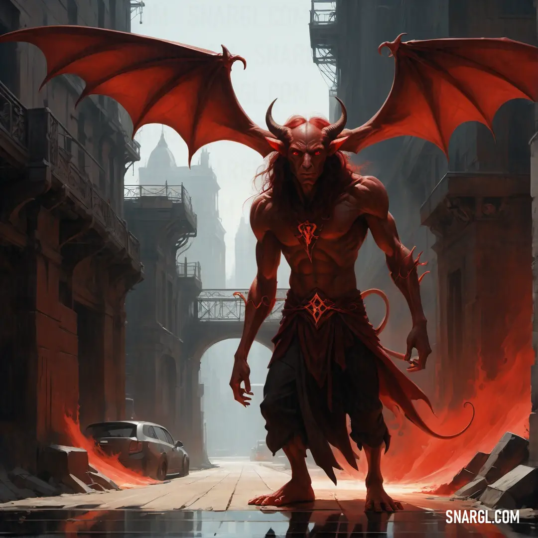Incubus with red wings standing in a city street with a red Incubus on his back