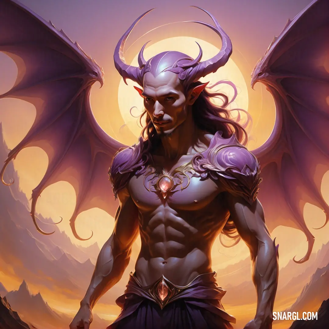 Male with a horned head and purple hair and a purple Incubus wings on his chest