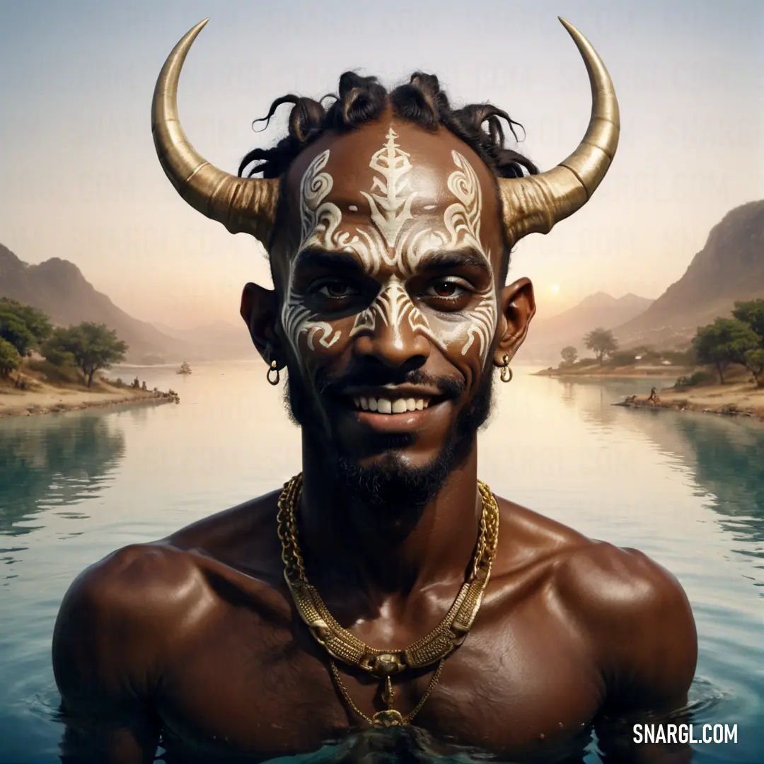 Incubus with a horned head and a white face paint on his face is standing in the water with a mountain in the background