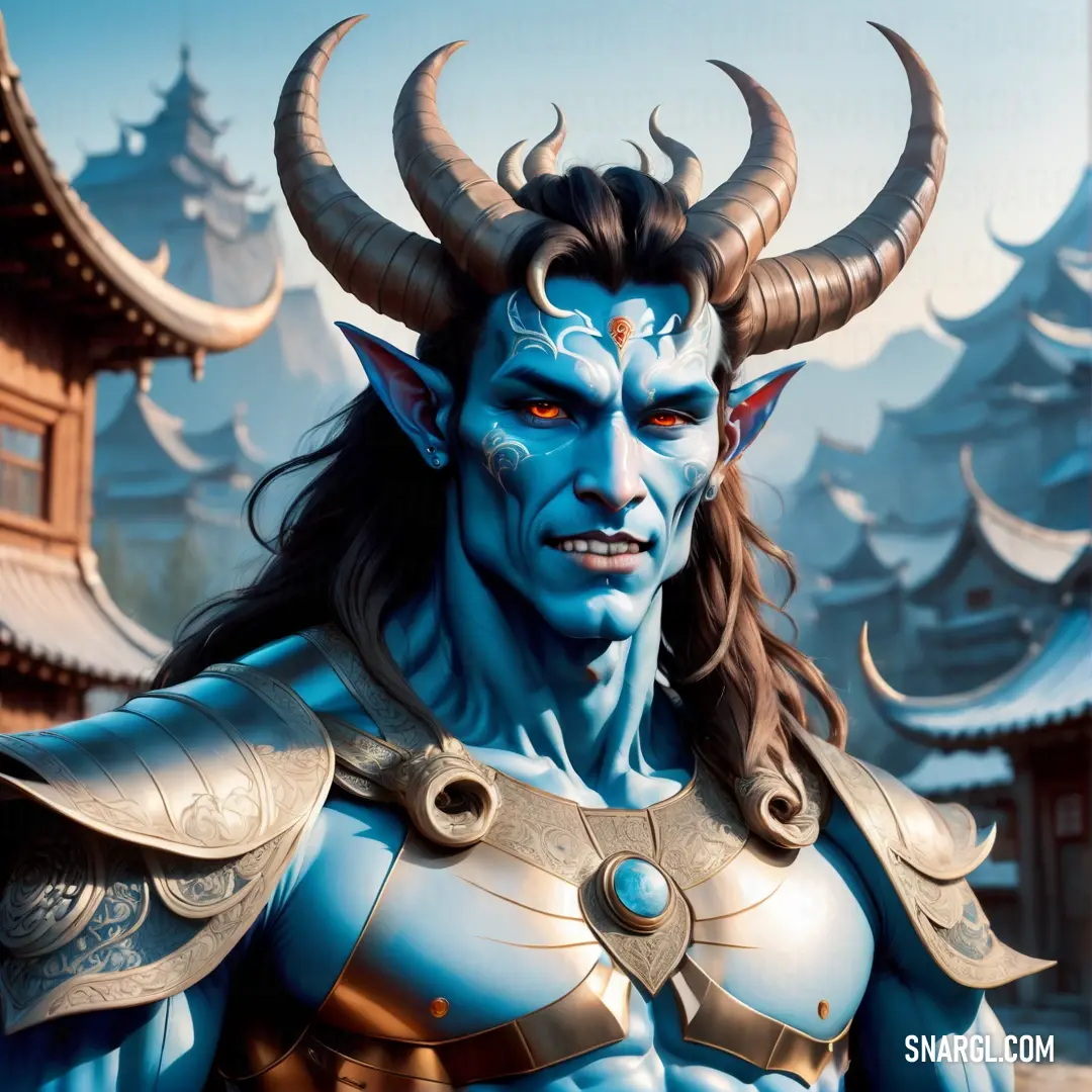 Man with horns and a blue face and blue eyes is dressed in a costume of a Incubus