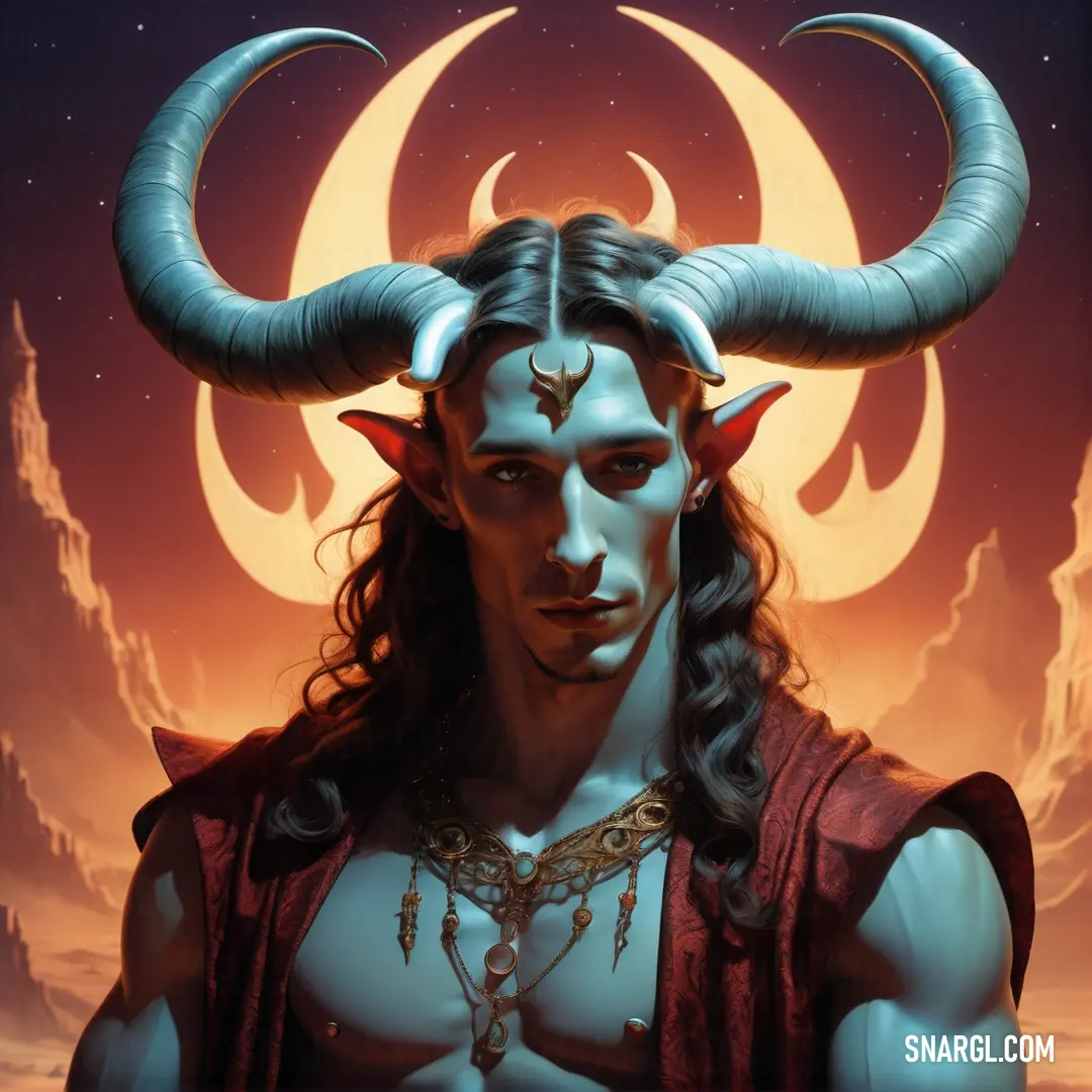 Incubus with horns and a horned face with a crescent behind him