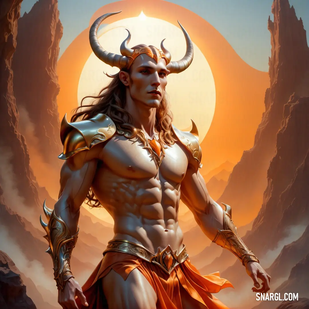 Incubus with horns and a horned head standing in front of a mountain range with a sun in the background