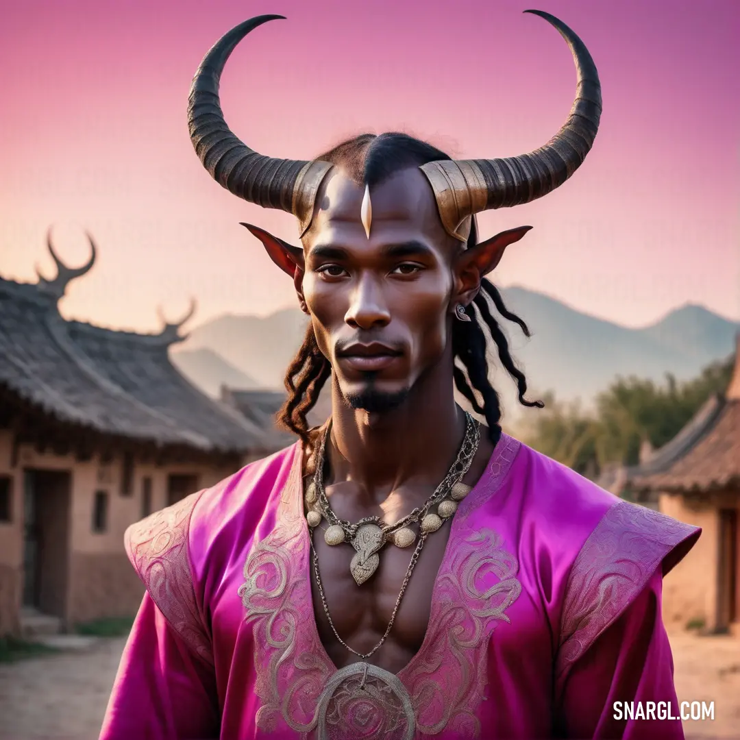 Incubus with horns and a necklace on his neck and a pink shirt on his chest