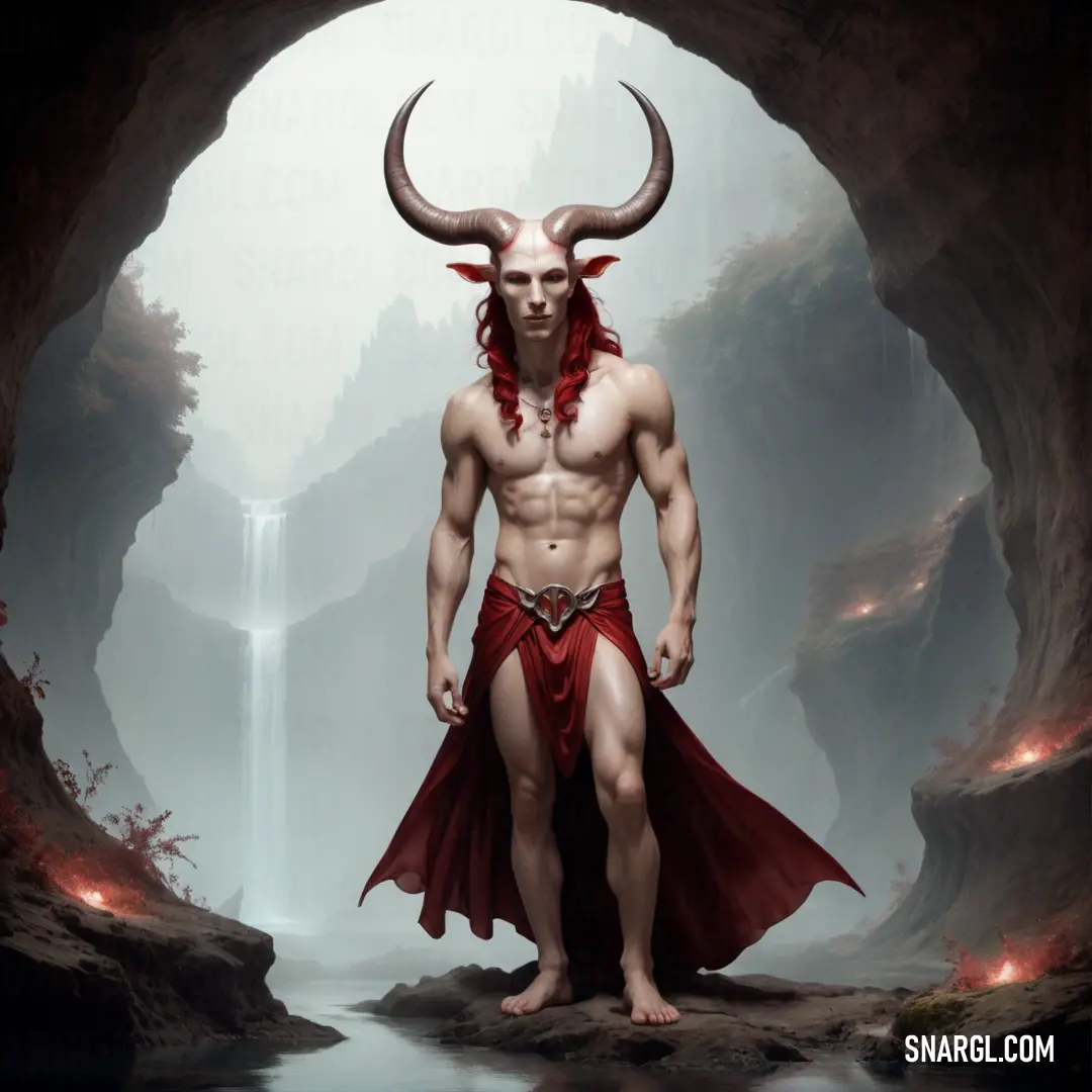 Incubus with horns and a red cape standing in a cave with a waterfall in the background