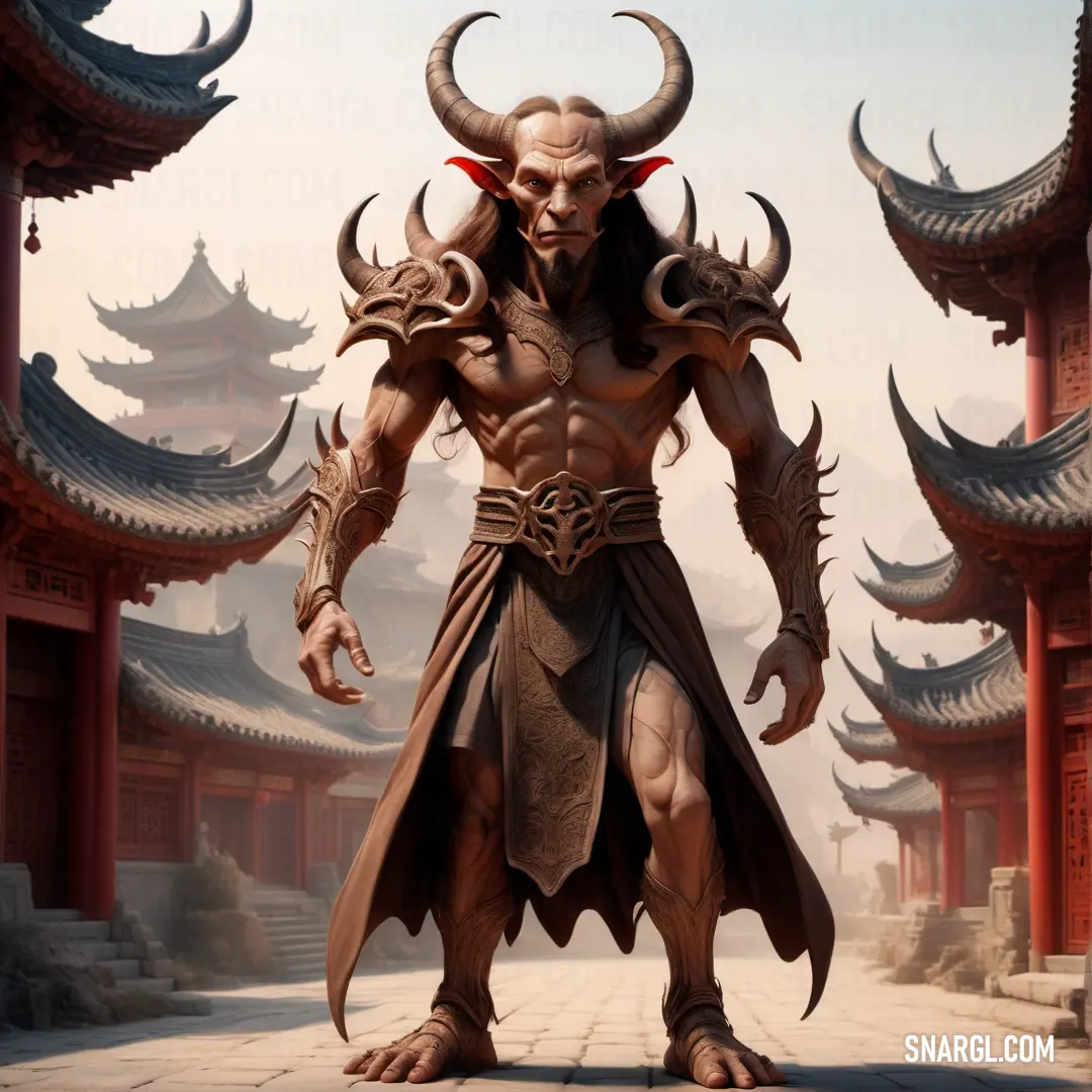 Incubus with horns and horns standing in front of a building with a lot of asian architecture in the background