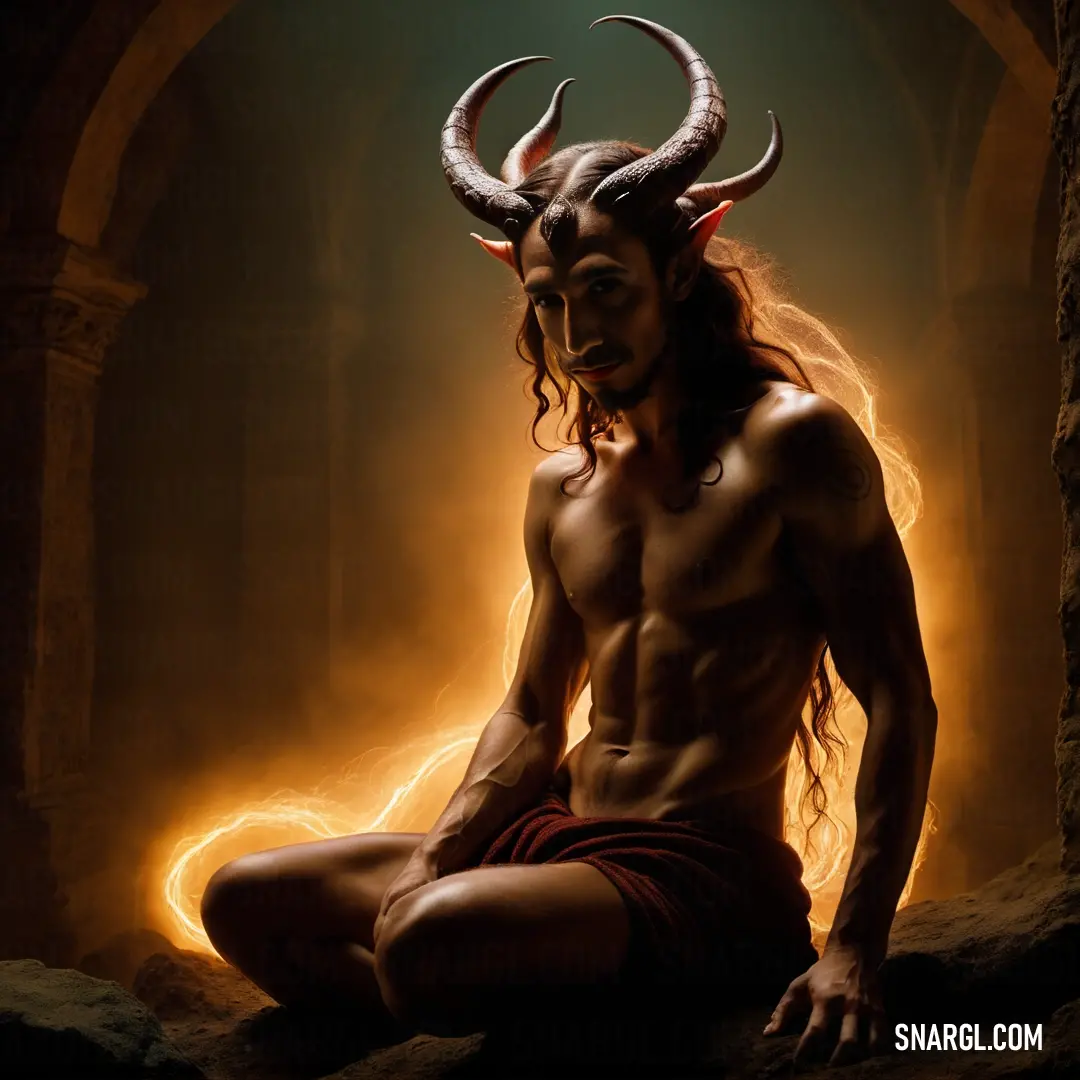 Man with horns on a rock in a cave with a demon like face and horns on his head