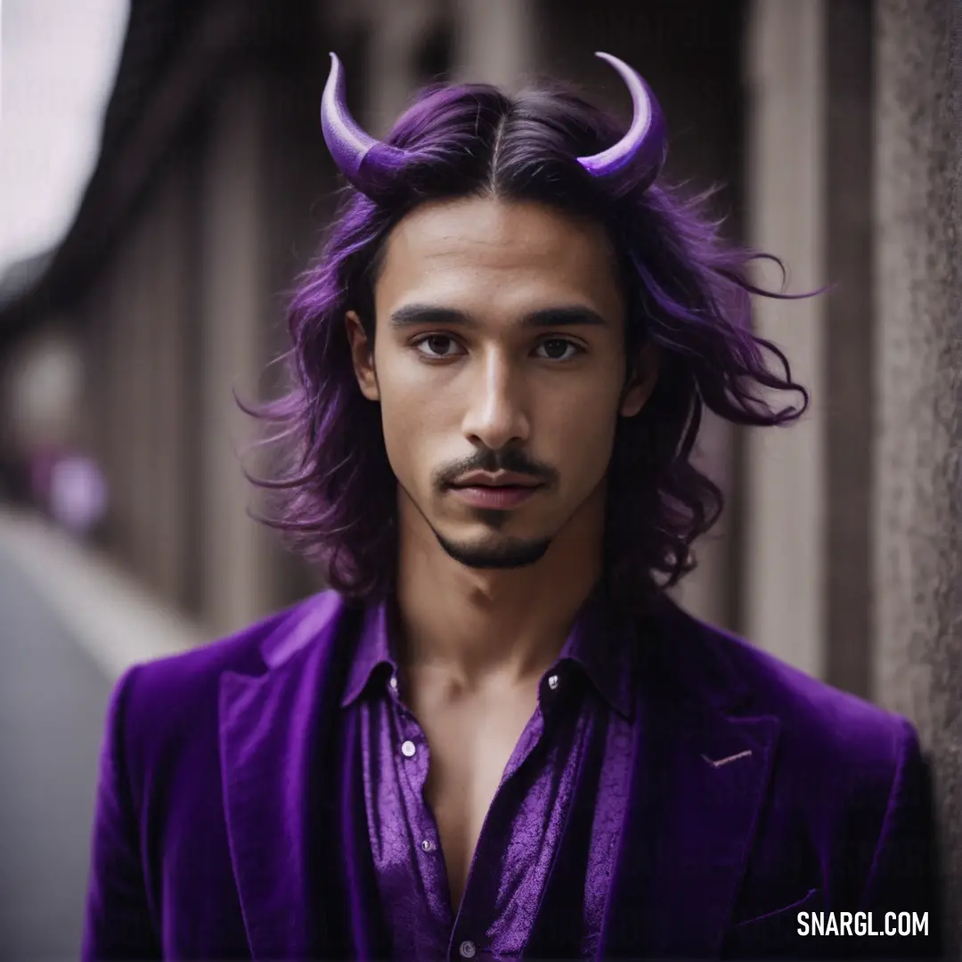 Incubus with long hair and a goatee with horns on his head is standing in front of a wall