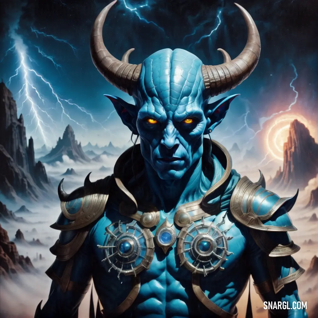 Painting of a blue Incubus with horns and horns on his head