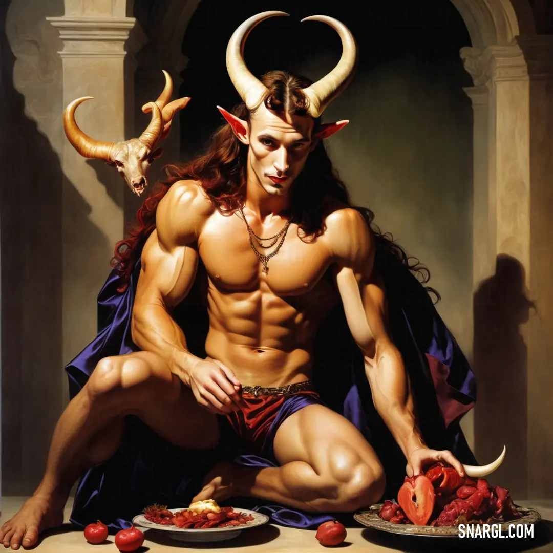Painting of a male Incubus with horns and horns on his head on a table with food and fruit