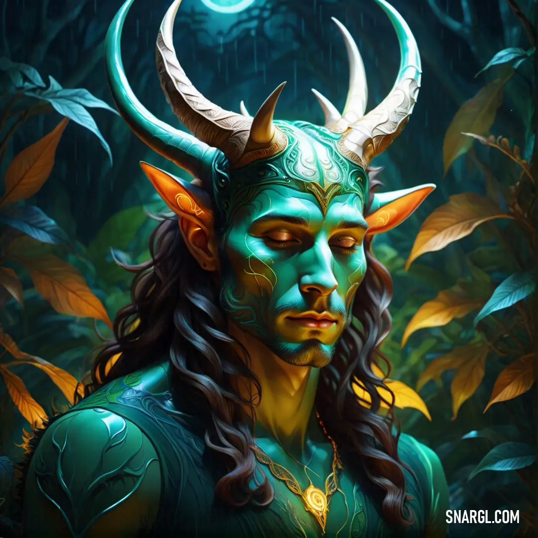 Painting of a female Incubus with horns and a green face with a blue background