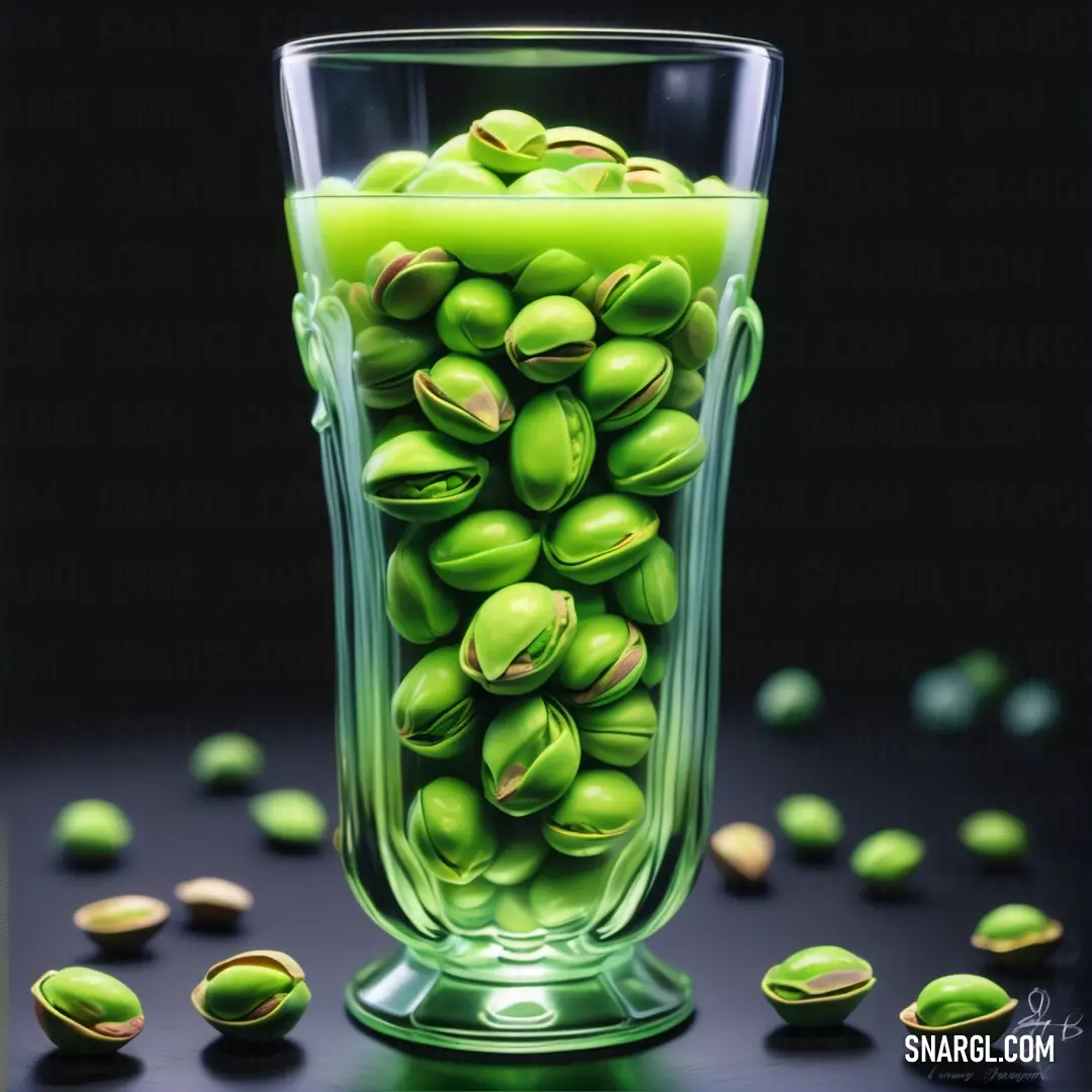 Glass filled with green beans and pistachios on a table next to a black background. Color #138808.