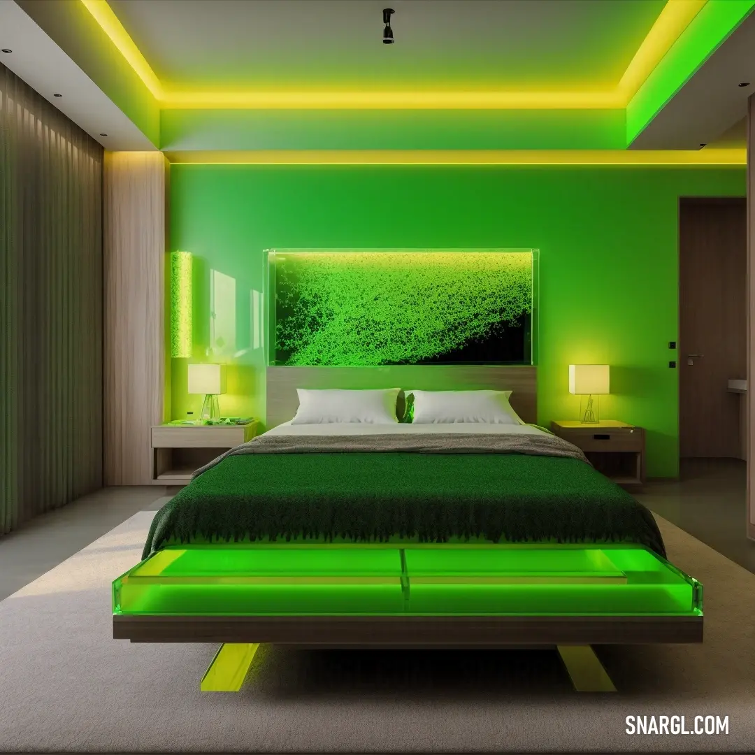 Green bedroom with a large bed and a green wall behind it