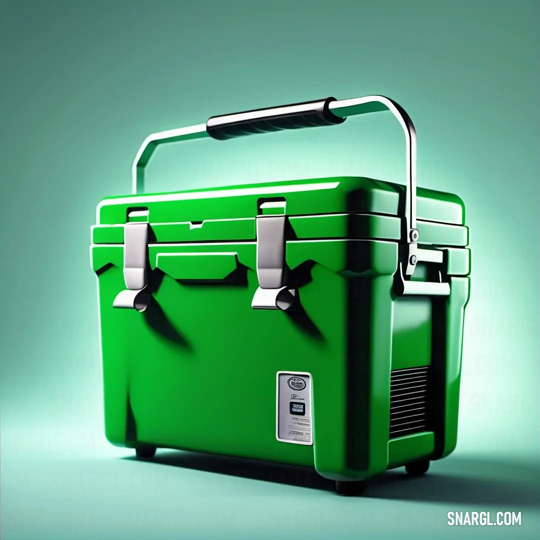 India green color. Green cooler with two handles and a handle on it's side, on a green background