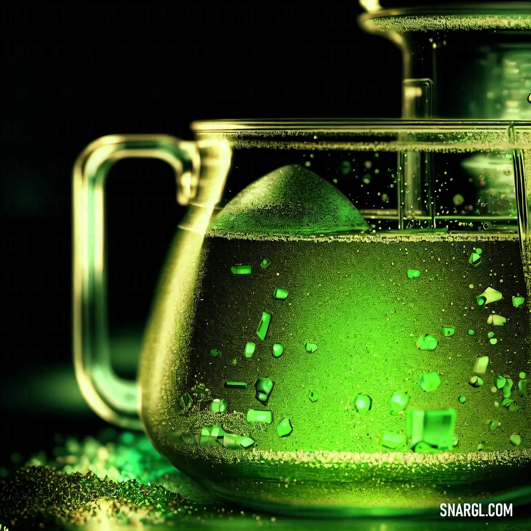 Green liquid in a glass tea pot filled with liquid and ice cubes on a black background with a green glow
