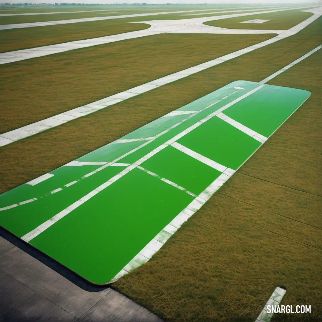 India green color example: Green runway with white markings on it in the middle of a field of grass and dirt