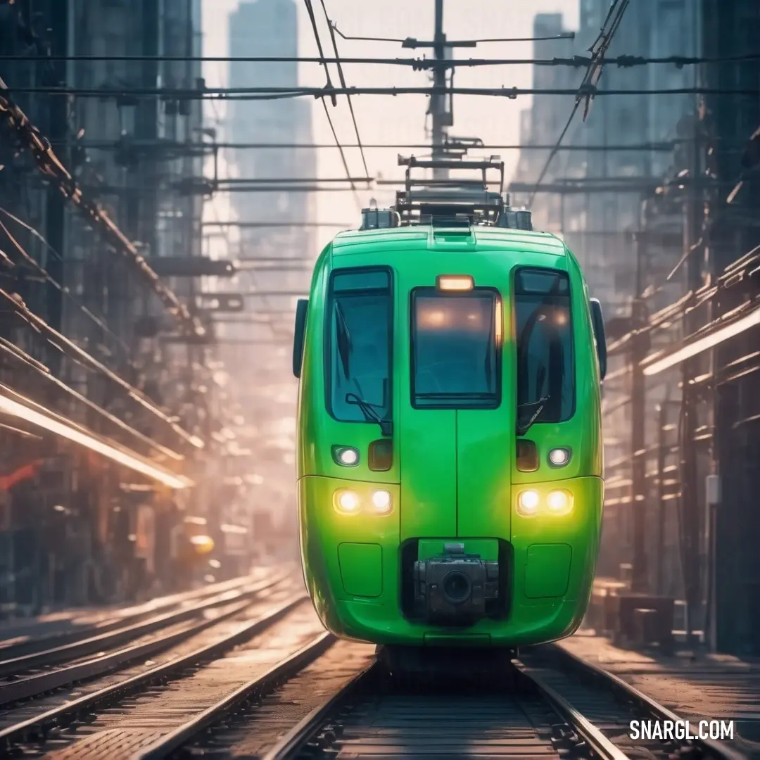 Green train traveling down train tracks in a city at sunset or dawn with the lights on. Example of CMYK 86,0,94,47 color.