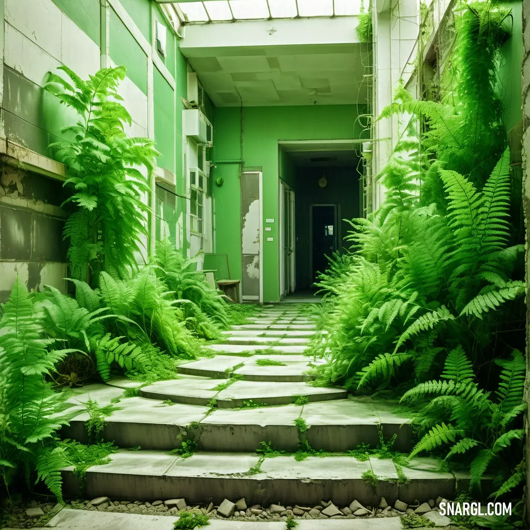 India green color example: Hallway with a bunch of plants growing on the steps and a door way to another room