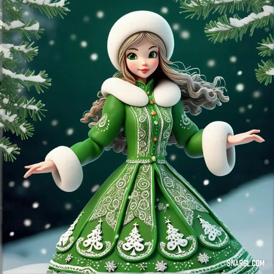 India green color. Doll dressed in a green dress and hat in a snowy scene with pine trees and snowflakes