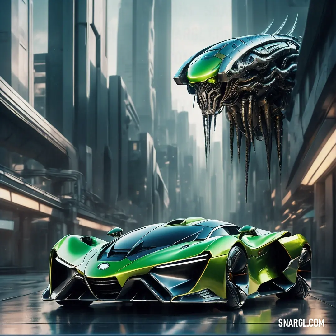 Green car with a large alien head on it's head and a city in the background. Color RGB 19,136,8.