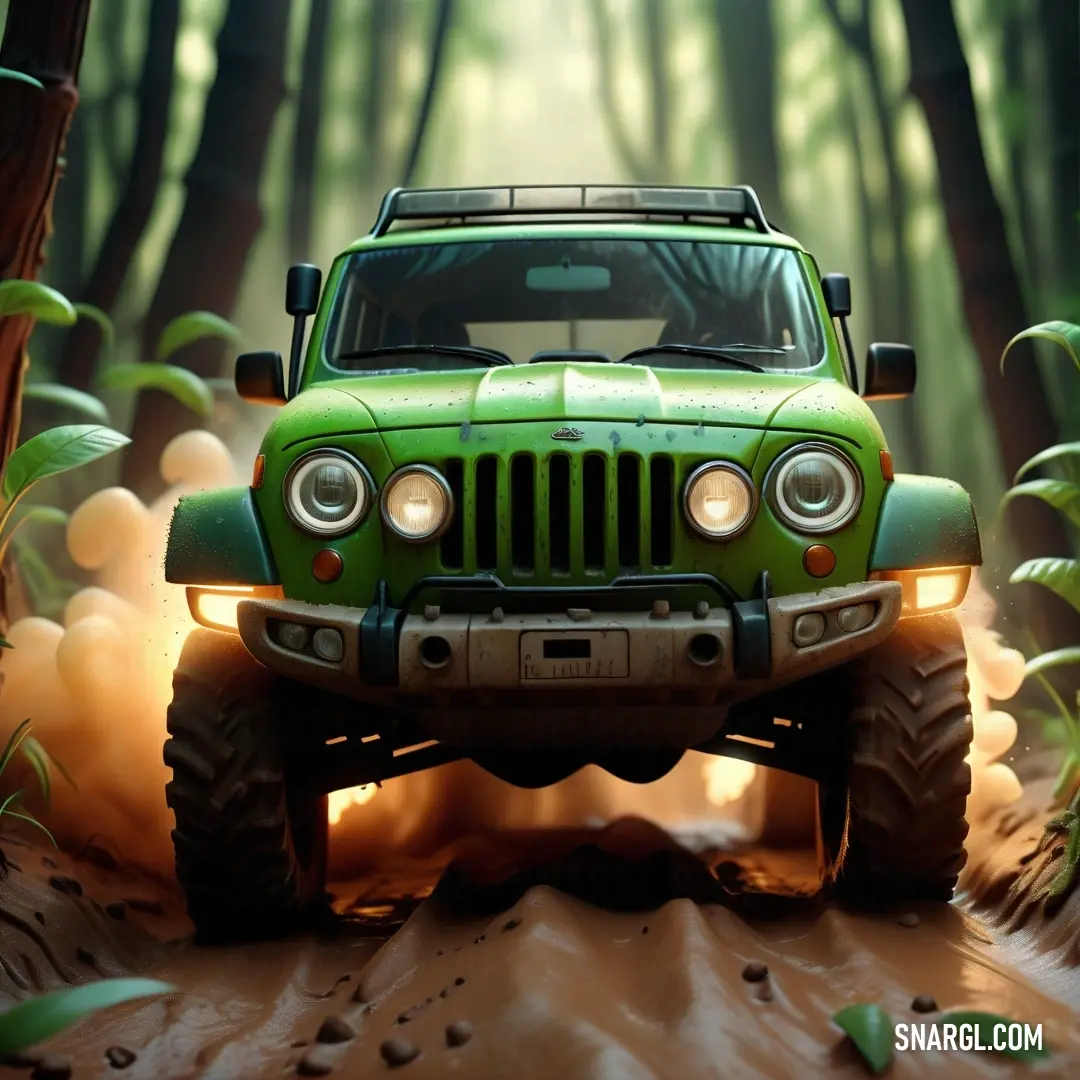 Green jeep driving through a forest filled with trees and leaves on a dirt road with a bright light on the front