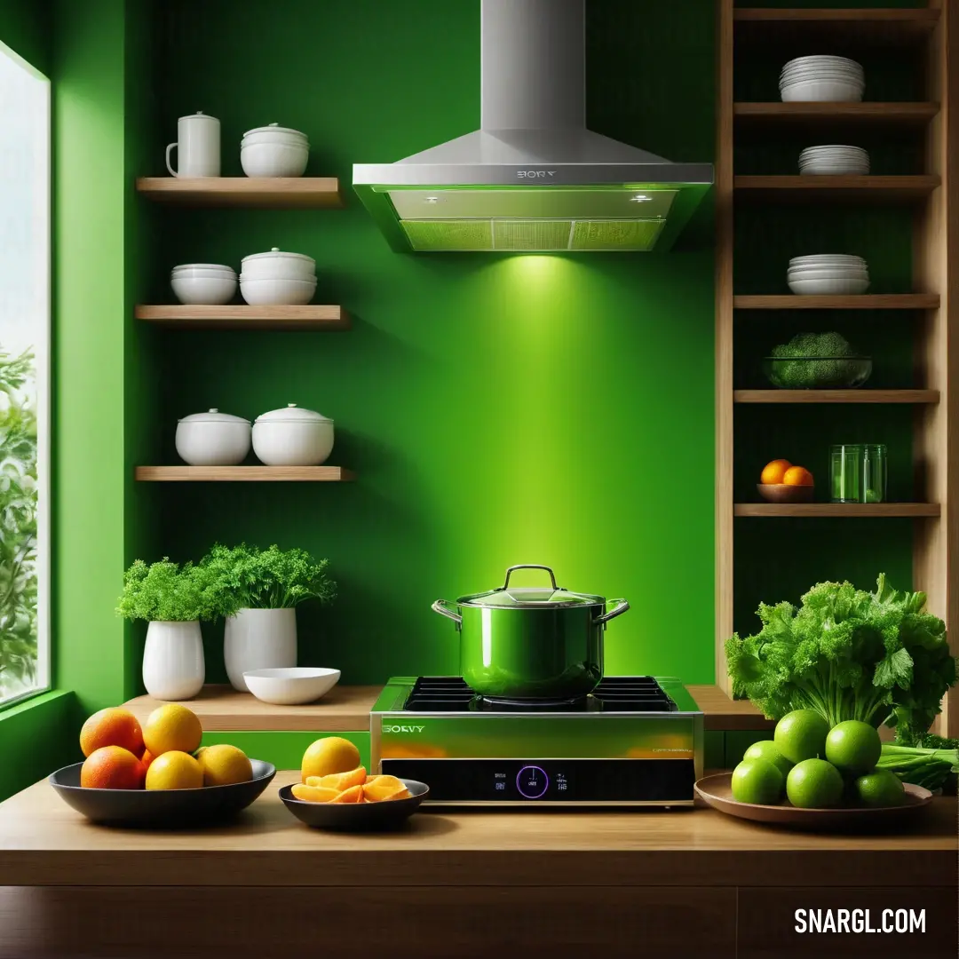 Kitchen with green walls and a stove top oven and a bowl of fruit on the counter top. Example of CMYK 86,0,94,47 color.