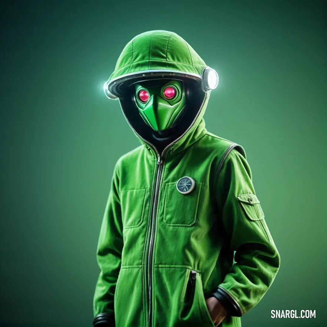 Person in a green jacket with a green mask on. Example of RGB 19,136,8 color.