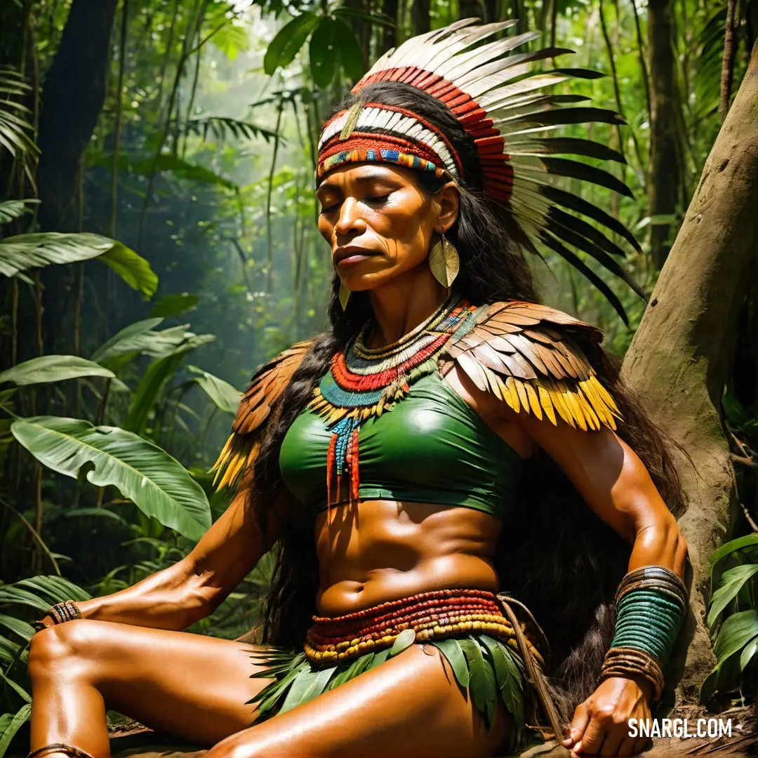 India green color. Woman in a native american costume in the woods with her hands on her hips and her eyes closed