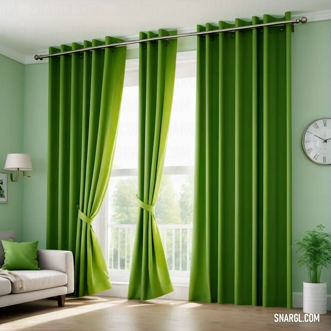 Living room with a couch and a clock on the wall next to a window with green curtains. Color RGB 19,136,8.